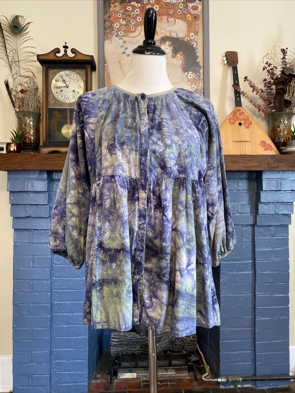 CABI S Tie Dye LINEN Blend Woodstock Top Oversized Boho Button Down Shirt